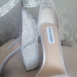 Steve Madden Spark Silver Rhinestone Block Heel Ankle Strap Sandal